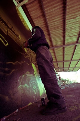 Les graffeurs du crew ou collectif La Ruche à Grenoble effectuent leurs graffs art urbain sur les murs dans toute la ville.