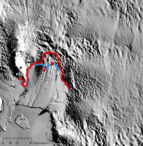 Déplacement de la ligne d'échouage glacier Île du Pin Image Modis National Snow and Ice Data Center Université du Colorado Boulder US