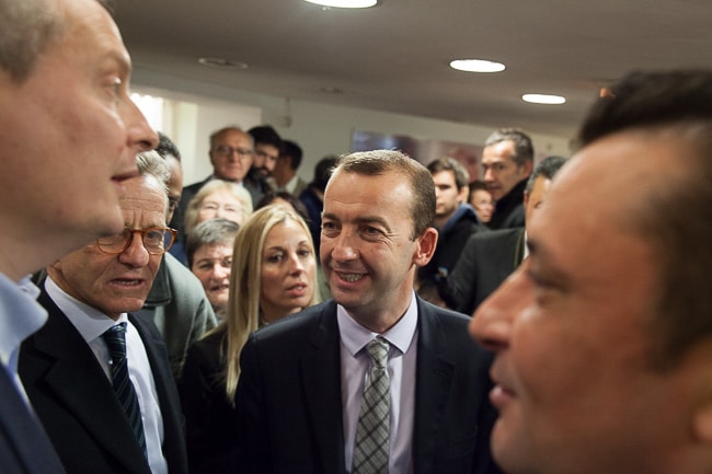 Bruno Lemaire avec Alain Carignon et Matthieu Chamussy au local de campagne de la liste UMP UDI Croire en Grenoble pour les municipales