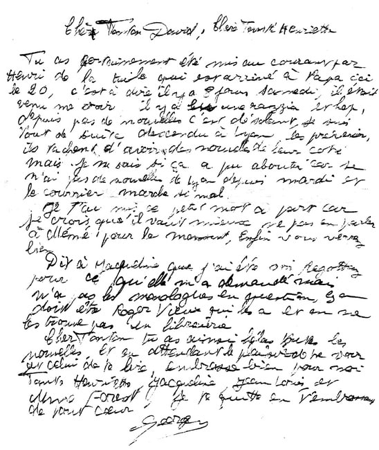 Lettre orinial Georges Weill annonçant arrestation Fernand Weill