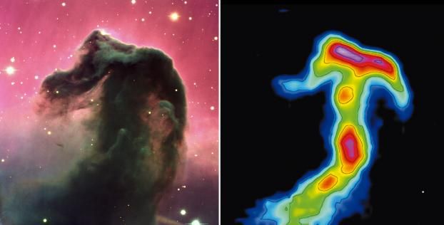 Nébuleuse de la tête de cheval.  Imagerie visible; ©ESO Imagerie millimétrique: ©IRAM