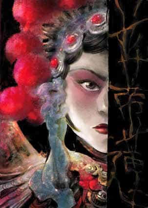 Jeune femme chinoise en rouge au regard sévère derrière un pilier - 23ème édition des 5 jours de la BD de Grenoble du 17 au 19 octobre 2014 avec le dessinateur Zhang Xiaoyu en invité d’honneur