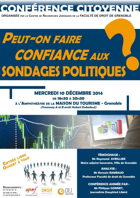 Le centre de recherches juridiques (CRJ) de la Faculté de droit de Grenoble inaugure, ce mercredi 10 décembre, son cycle de conférences citoyennes sur le thème des sondages politiques : Peut-on faire confiance aux sondages politiques ?