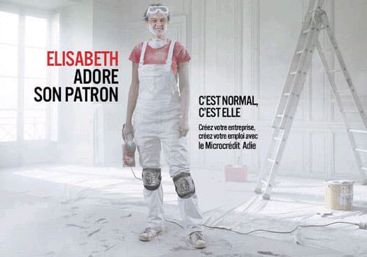 Affiche de l'Adie : Elisabeth adore son patron. C'est normal, c'est elle. - microcrédit