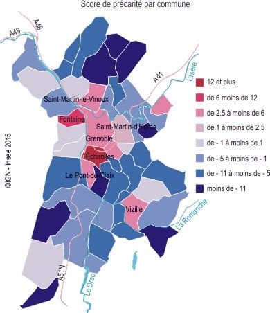 Score de précarité par commune dans l'agglomération de Grenoble © INSEE Rhône-Alpes