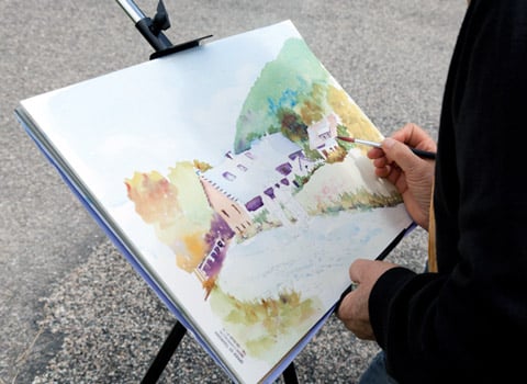 11e fête des arts à Corrençon-en-Vercors, concours de peinture qui a réuni, le 25 juillet 2015, neuf peintres dans le village, avec pour thème Fermes et bâti du Vercors. © Olivier Bertrand