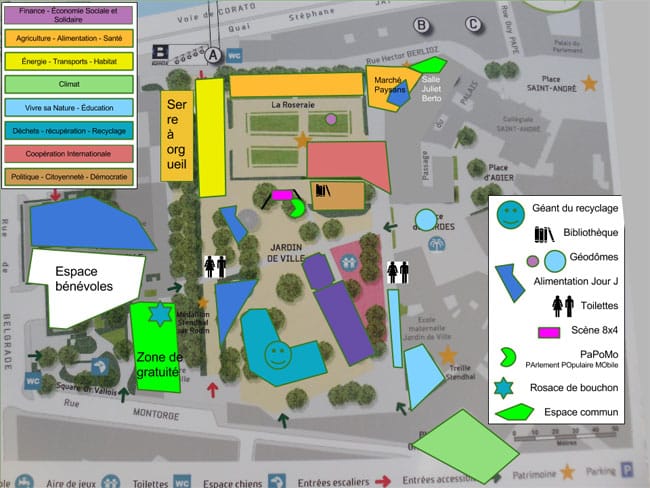Les huit pôles thématiques répartis sur le Jardin de ville et aux alentours. © Alternatiba Grenoble