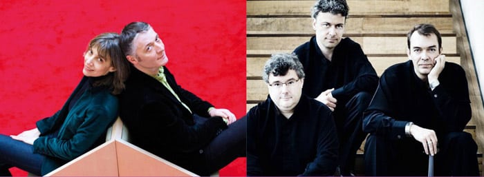 Claire Désert et Emmanuel Strosser (à gauche), le Trio Wanderer (à droite). DR - Folle nuit Schubert Musée en musique