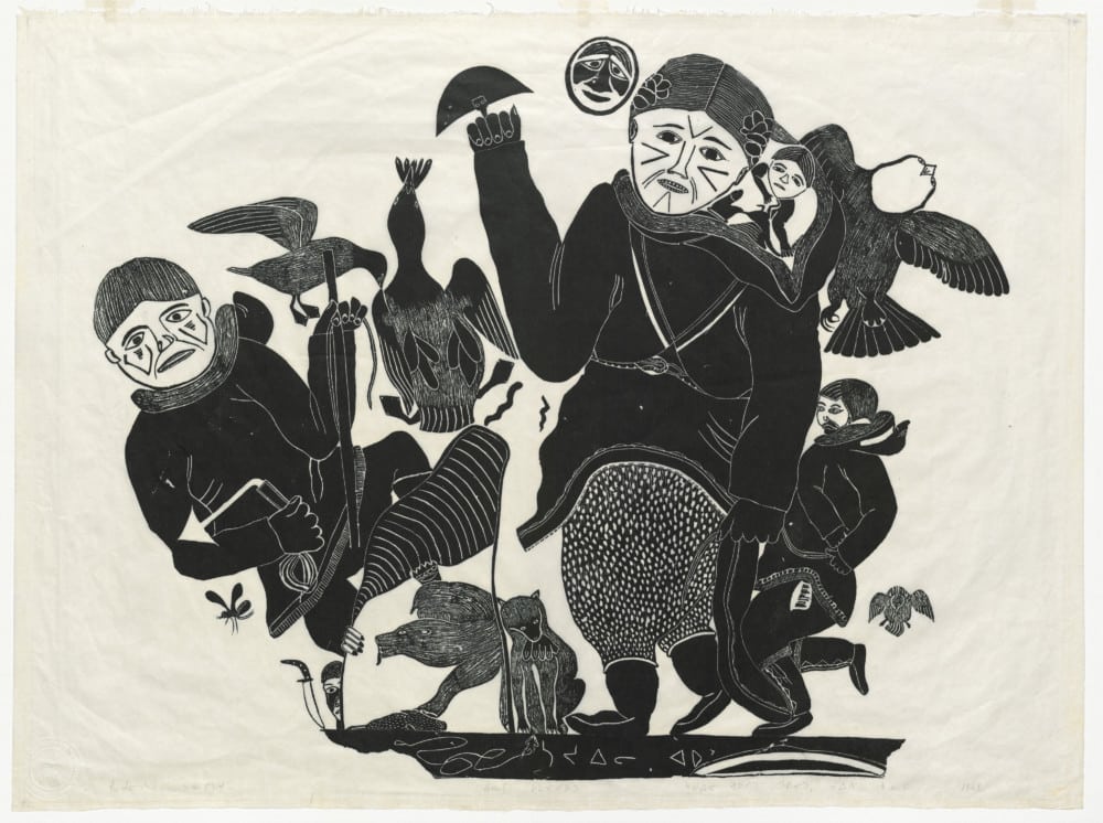 La famille à la chasse, estampe sur papier de riz, Sajuili Arpatuk, 1963. Coll. Musées de la civilisaon à Québec