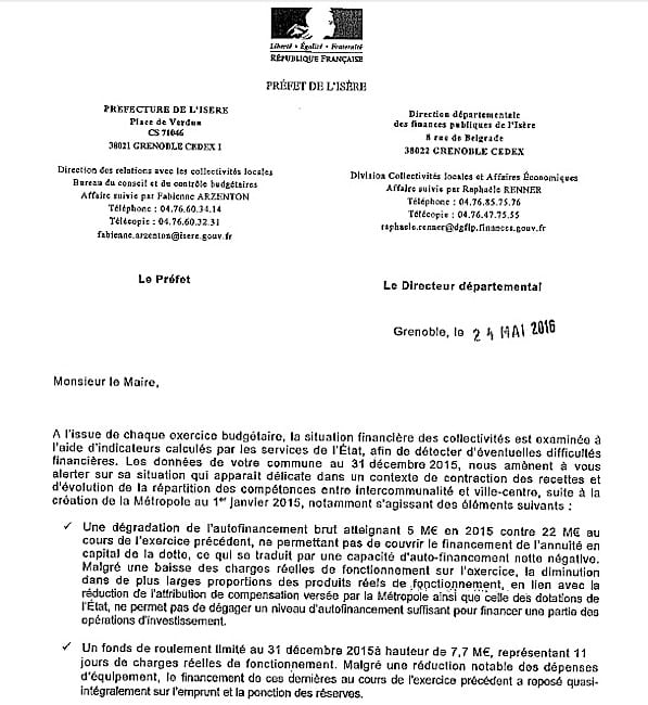 Courrier du préfet de l'Isère à Eric Piolle sur la situation financière de la ville.