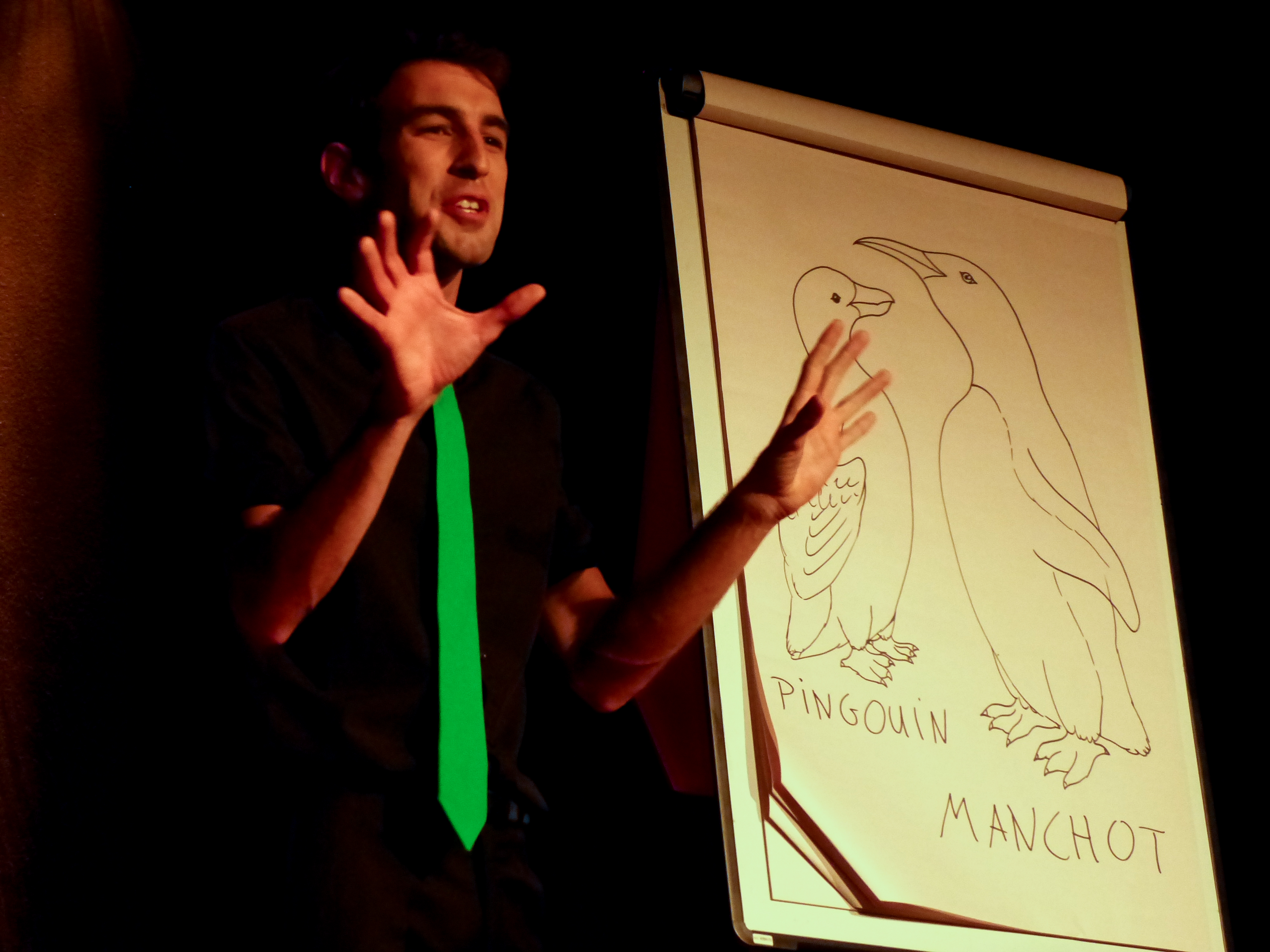 Max Bird, dans son encyclo-spectacle, samedi 29 septembre 2016, à la Basse Cour. Ici, comment distinguer le pingouin du manchot, trop souvent assimilés. © Adèle Duminy