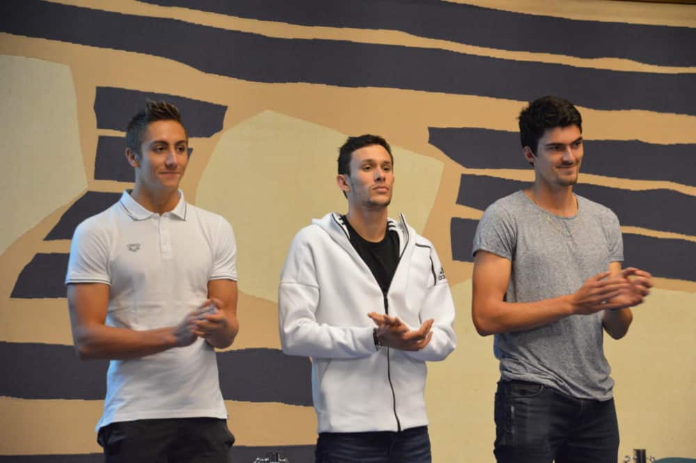 Jordan Pothain (natation), Dorian Coninx (triathlon) et Bastien Auzeil (décathlon) incarnent le présent mais aussi l'avenir de leur discipline. © Laurent Genin