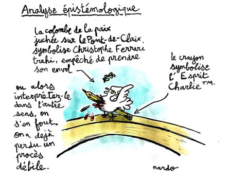 Dessin de presse de Nardo suite à la condamnation en première instance du journal satirique Le Postillon.
