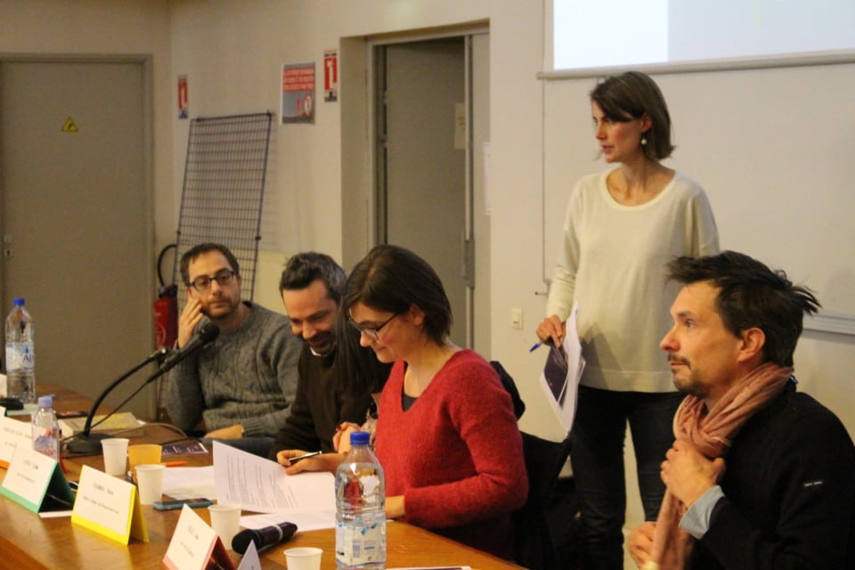 Co-auteurs de "Gentrifications" lors de la conférence en hommage aux travaux de Matthieu Giroud, Institut de Géographie Alpine, le 20 janvier 2017. © Corentin Libert