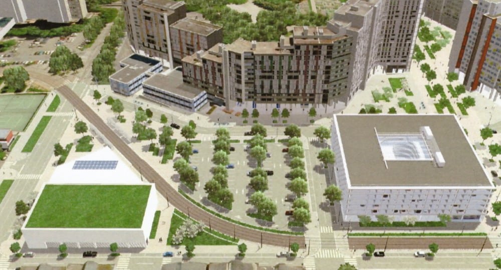 La future halle sportive, à gauche, dans le quartier de l'Arlequin devrait ouvrir à la rentrée scolaire 2019. Elle dispose d'un toit végétalisé et de panneaux photovoltaïques. © Document ville de Grenoble