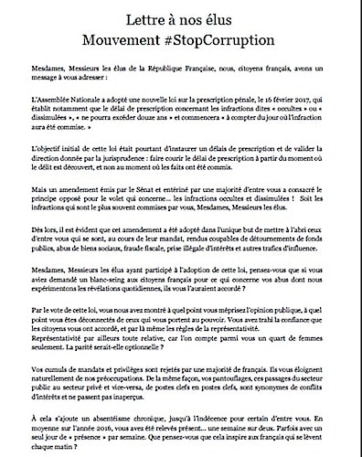 Mouvement Stop Corruption : lettre aux élus. Capture d'écran