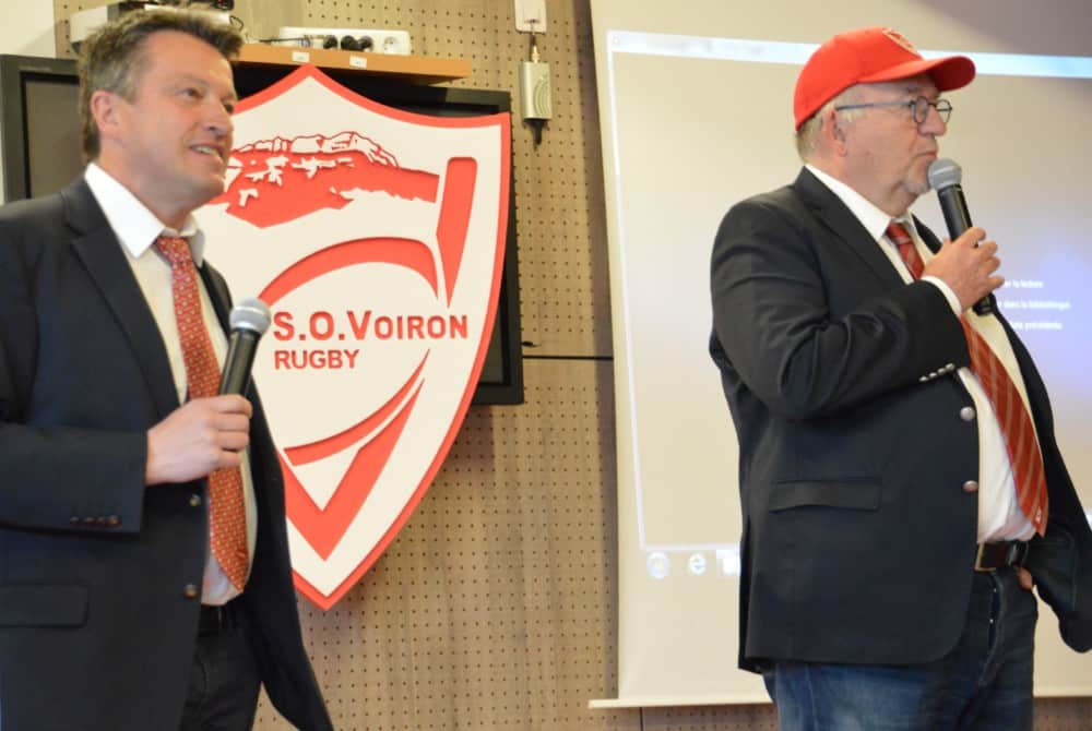 Frédéric Chabert et Thierry Peyraud, respectivement vice-président en charge du sportif et du partenariat et président du club de Voiron. © Archive Laurent Genin