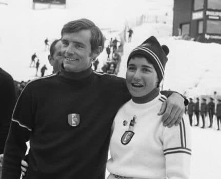Jean-Claude Killy et Marielle Goitschel sur la piste de Chamrousse lors des Jeux olympiques de 68. Photo Presseports. © Chamrousse