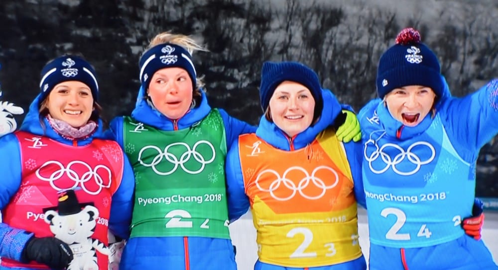 Anaïs Chevalier, Marie Dorin-Habert, Justine Braisaz et Anaïs Bescond terminent troisièmes sur le relais 4 x 6 km en biathlon. © DR