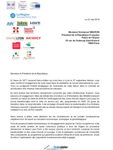 Dans un courrier adressé à Emmanuel Macron, 63 élus de Rhône-Alpes réclament que soient coordonnées les différents chantiers du Lyon-Turin. Quitte à diviser les coûts par deux. (pour ouvrir le document, cliquer sur l'image)