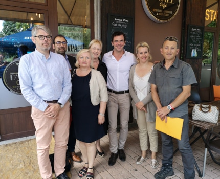 La République en marche a mis en place un comité de projet métropolitain, bras armé pour préparer les élections municipales et métropolitaines de 2020.De gauche à droite : Pierre Anger, Jean-Pierre Arrtoyo, Aline Blanc-Tailleur, Catherine Kamowski, Olivier Véran, Émilie Chalas et Philippe Chevalier. © Joël Kermabon - Place Gre'net