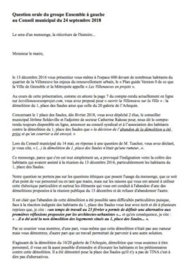 Texte de la "Question orale" du groupe politique Ensemble à Gauche. Prévue pour le conseil municipal du 24 septembre 2018, elle a été refusée par la Ville de Grenoble.