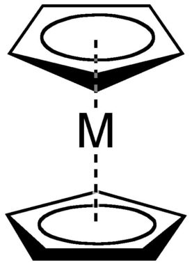 Structure chimique générale d’un composé métallocène, où M est un élément métallique. DR