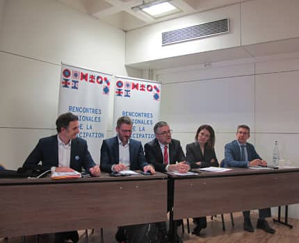 UNE Eric Piolle, Mathieu Orphelin , Bertrand Plancher, Chantal Jouanno et Christophe Ferrari, coorganisateurs des Rencontres nationales de la participation à Grenoble mars 2019 © Séverine Cattiaux -placegrenet.fr