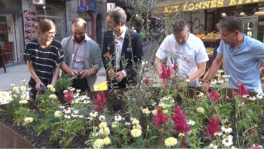 Lucile Lheureux, Yann Mongaburu, Éric Piolle et Christophe Ferrari plantent symboliquement quelques fleurs dans l'une des jardinière. © Joël Kermabon - Place Gre'net