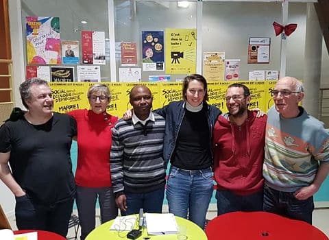 UNE Première conférence de presse de La commune est à nous ! au Patio, samedi 18 janvier 2020. Bruno de Lescure, Bernadette Richard-Finot, Chiaka Fane, Marion Bottard, Thibaut Michoux, Guy Tuscher © Séverine Cattiaux - Place Gre'net
