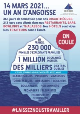 Affiche de l'UMIH marquant l'anniversaire de la première fermeture du secteur CHRD en raison de la crise sanitaire.
