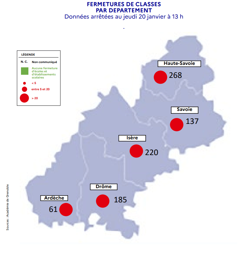 Les cas de Covid se multiplient dans l'académie de Grenoble. Fermetures de classes par département au 20 janvier 2022