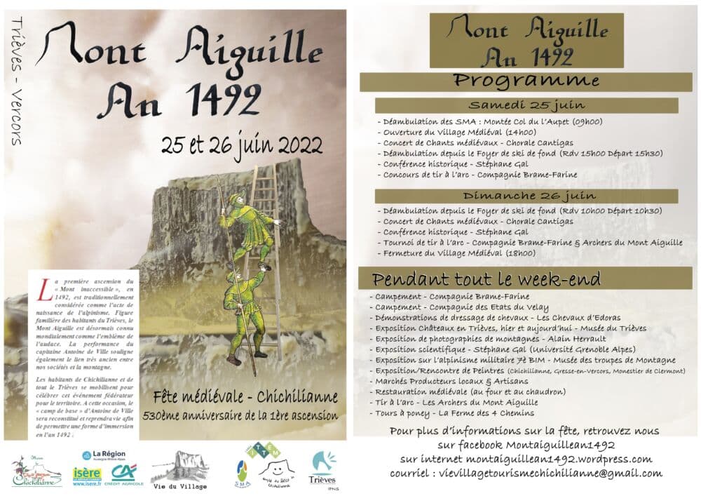 Programme de la fête médiévale de Chichilianne pour célébrer l'anniversaire de l'ascension du Mont Aiguille. © Trièves