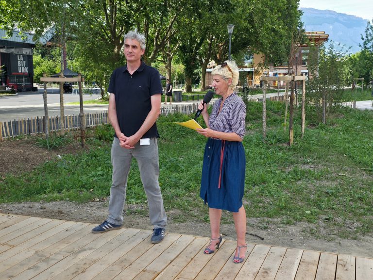 Gilles Namur et Laurette Rimet-Meille lors de leur discours inaugural de l'extension du parc Flaubert. © Joël Kermabon - Place Gre'net