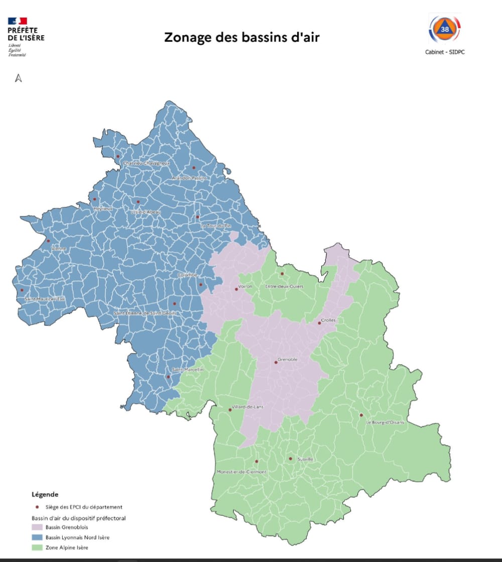 Zonage des bassins d'air du département. © Préfecture de l'Isère