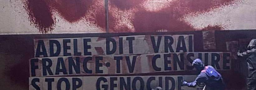 les militants de l’organisation Extinction Rébellion. Ces derniers ont placardé, jeudi 17 septembre 2026, des affiches indiquant « Adèle dit vrai. France TV censure. Stop génocide » et peint une tâche couleur rouge sang sur les murs des locaux de France 3 Alpes