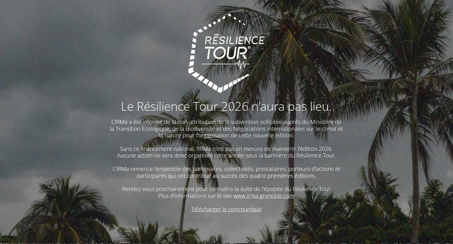 La page du site du Résilience Tour affiche pour seule information l'annonce de son annulation.