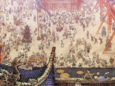 Dessin d'une scène de marché 23ème édition des 5 jours de la BD de Grenoble du 17 au 19 octobre 2014 avec le dessinateur Zhang Xiaoyu en invité d’honneur