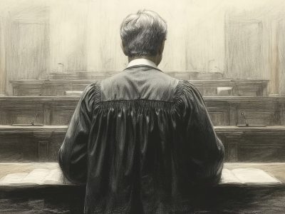 Image d'illustration d'un magistrat seul face à une salle d'audience vide dans un tribunal. Source : Placegrenet.fr avec Magnific Talk